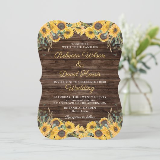 Rustiek hout Zonnebloem Land Schuur Bruiloft Kaart (Staand voorkant)