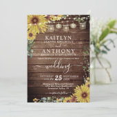 Rustiek hout Zonnebloem Lights Mason Jars Bruiloft Kaart (Staand voorkant)