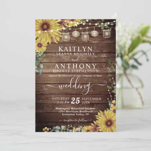 Rustiek hout Zonnebloem Lights Mason Jars Bruiloft Kaart (Staand voorkant)