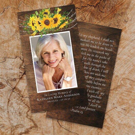 Rustiek hout Zonnebloem Memorial Gebed Kaart