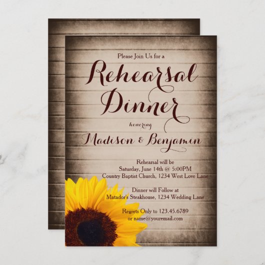 Rustiek hout zonnebloem repetitie diner uitnodigin kaart (Voorkant / Achterkant)