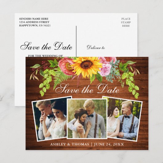 Rustiek hout Zonnebloem Save the Date Foto Uitnodiging Briefkaart (Voorkant / Achterkant)