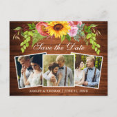 Rustiek hout Zonnebloem Save the Date Foto Uitnodiging Briefkaart (Voorkant)
