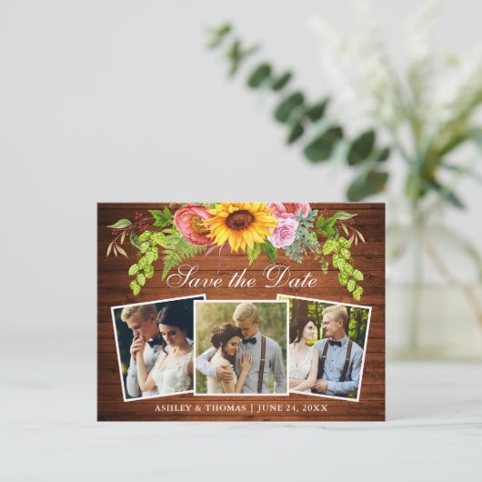 Rustiek hout Zonnebloem Save the Date Foto Uitnodiging Briefkaart (Staand voorkant)