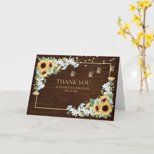 Rustiek hout Zonnebloem Stoffig Blauw Bloemen Dank Kaart (Gele Bloem)