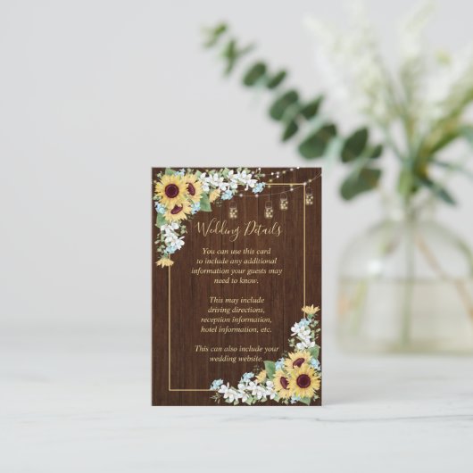 Rustiek hout Zonnebloem Stoffig Blauw Bloemen Deta Informatiekaartje (Staand voorkant)