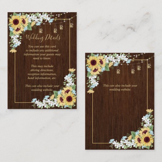 Rustiek hout Zonnebloem Stoffig Blauw Bloemen Deta Informatiekaartje (Voorkant / Achterkant)