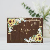 Rustiek hout Zonnebloem Stoffig Blauw Bloemen RSVP Kaartje (Staand voorkant)