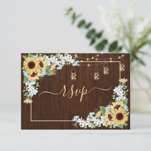 Rustiek hout Zonnebloem Stoffig Blauw Bloemen RSVP Kaartje (Staand voorkant)
