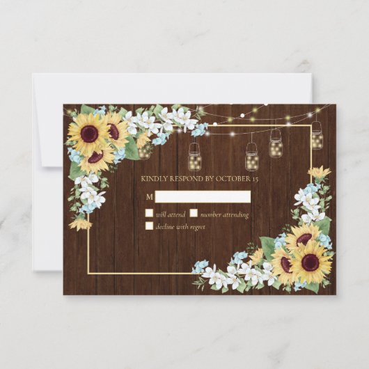Rustiek hout Zonnebloem Stoffig Blauw Bloemen RSVP Kaartje (Achterkant)