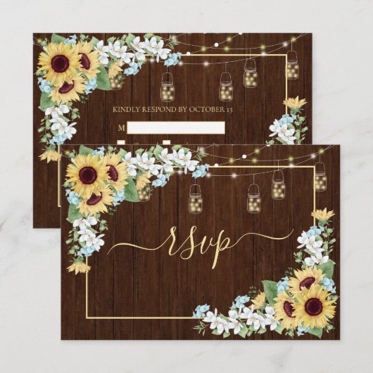 Rustiek hout Zonnebloem Stoffig Blauw Bloemen RSVP Kaartje (Voorkant / Achterkant)