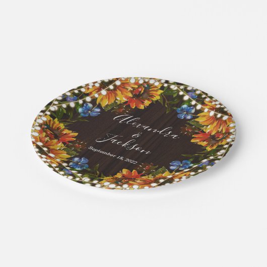 Rustiek Hout Zonnebloem String Lights Huwelijk Bor Papieren Bordje (Gekanteld)