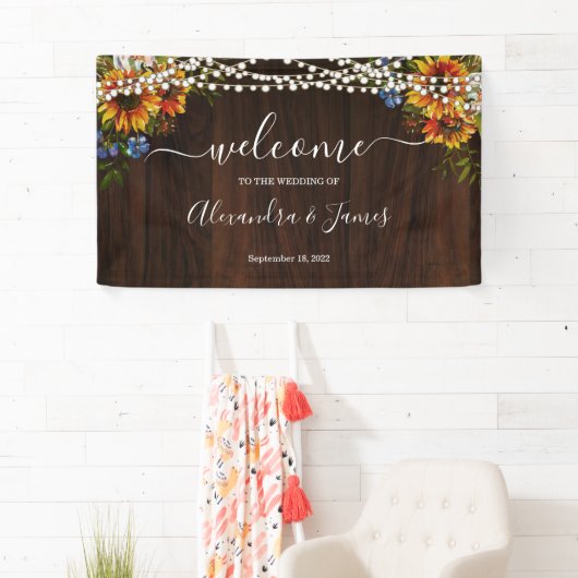 Rustiek Hout Zonnebloem String Lights Trouwbanner Spandoek (Insitu)