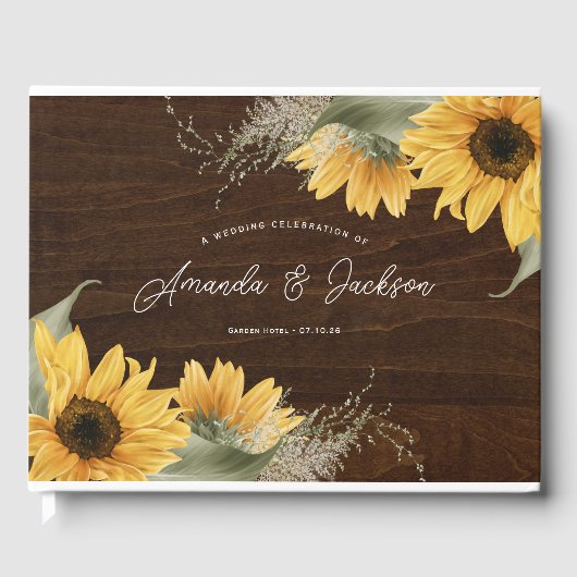 Rustiek hout zonnebloem thema bruiloft gastenboek (Voorkant)