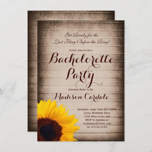 Rustiek hout zonnebloem vrijgezellenfeest uitnodig kaart (Voorkant / Achterkant)