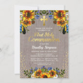 Rustiek hout Zonnebloemen Eerste Heilige Communie Kaart (Voorkant)