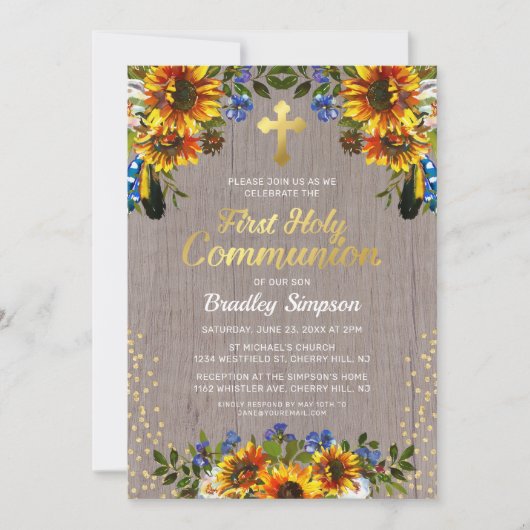 Rustiek hout Zonnebloemen Eerste Heilige Communie Kaart (Voorkant)