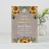 Rustiek hout Zonnebloemen Eerste Heilige Communie Kaart (Staand voorkant)