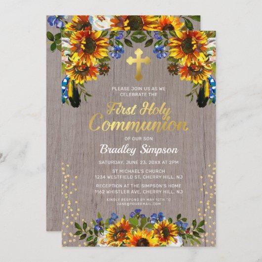 Rustiek hout Zonnebloemen Eerste Heilige Communie Kaart (Voorkant / Achterkant)