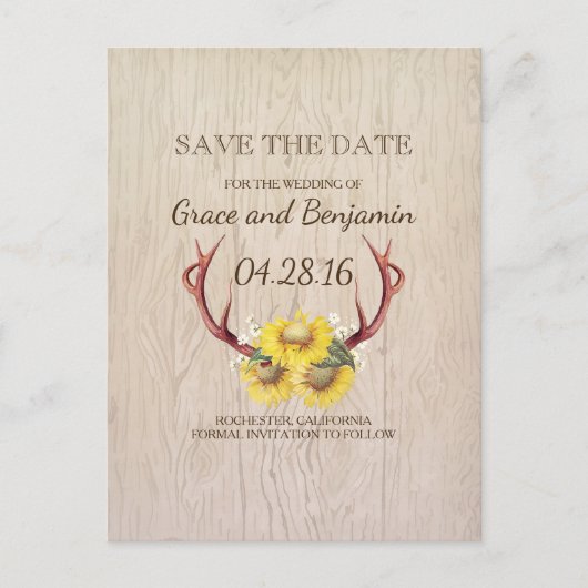 Rustiek hout Zonnebloemen en gewei Save the Date Aankondigingskaart (Voorkant)