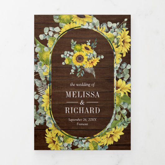 Rustiek Hout Zonnebloemen Eucalyptus 3 in 1 Bruilo Drieluik Uitnodiging (Cover)