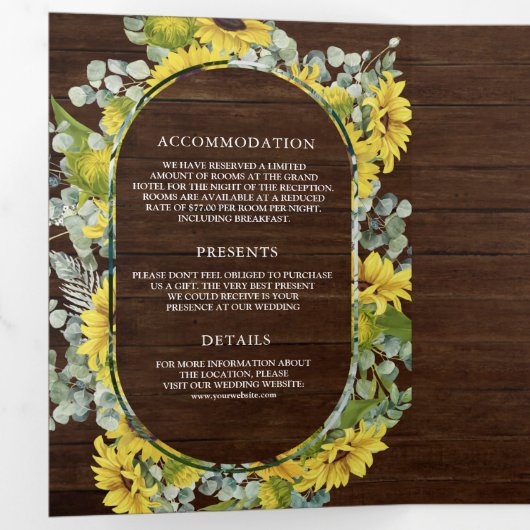 Rustiek Hout Zonnebloemen Eucalyptus 3 in 1 Bruilo Drieluik Uitnodiging (Binnenzijde eerst)