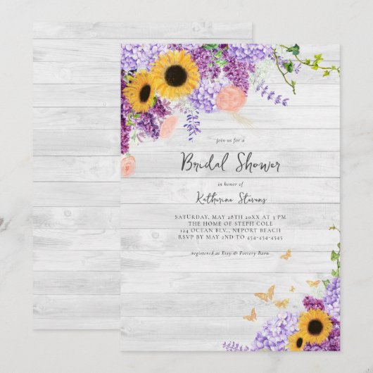 Rustiek Hout Zonnebloemen Lila Bloemen Vrijgezelle Kaart (Voorkant / Achterkant)