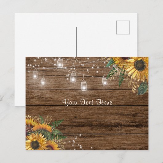 Rustiek hout, zonnebloemen, slingerlichtjes & groe briefkaart (Voorkant / Achterkant)