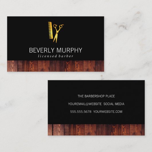 Rustiek Hout Zwart met Gouden Schaar Kam Visitekaartje (Voorkant / Achterkant)