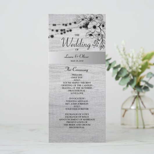 Rustiek Hout Zwart-Wit Huwelijksprogramma Programmakaart (Staand voorkant)