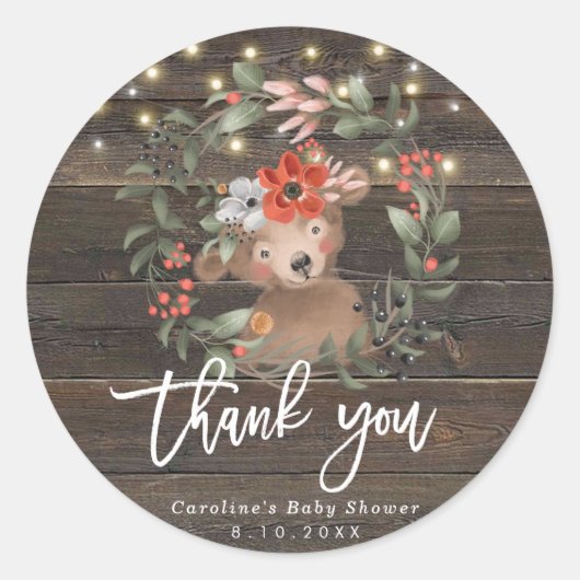 Rustiek houten baby shower dank u sticker (Voorkant)