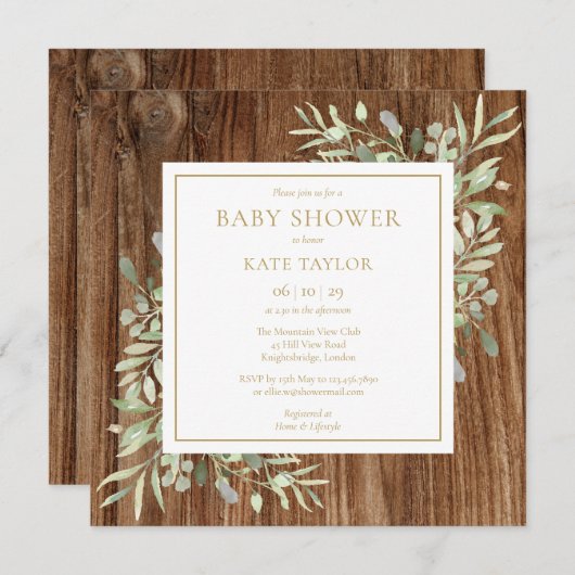 Rustiek houten Baby shower | Strooi groen Kaart (Voorkant / Achterkant)