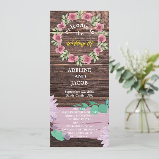 Rustiek Houten Bloemen Script Trouwprogramma Kaart (Staand voorkant)