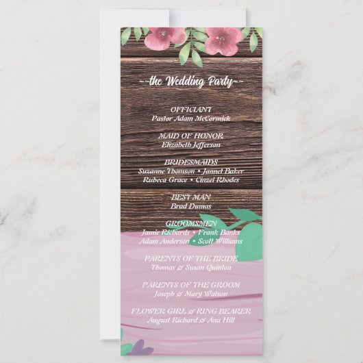 Rustiek Houten Bloemen Script Trouwprogramma Kaart (Achterkant)