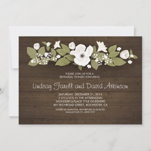 Rustiek houten bloemenrepetitie diner kaart (Voorkant)