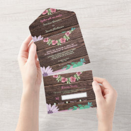 Rustiek houten bloemenscript all in one uitnodiging