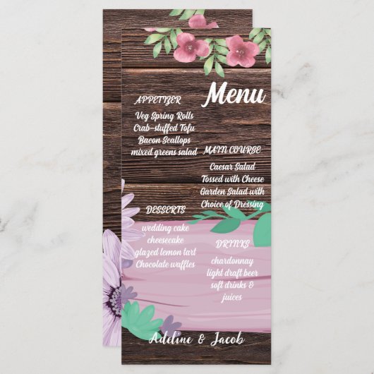 Rustiek Houten bloemenscript trouwkaart Menu (Voorkant / Achterkant)