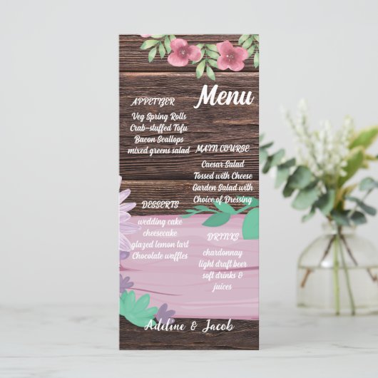 Rustiek Houten bloemenscript trouwkaart Menu (Staand voorkant)