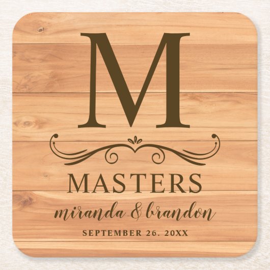 Rustiek houten decor Initiaal gepersonaliseerd Kartonnen Onderzetters (Voorkant)