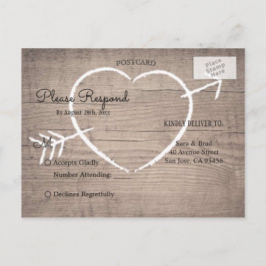 Rustiek Houten Hart Elegant Bruiloft RSVP Briefkaa Uitnodiging Briefkaart (Achterkant)
