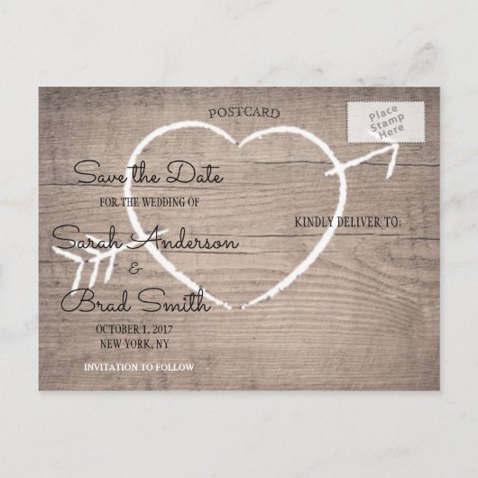 Rustiek Houten Hart Elegant SAVE THE DATE Briefkaa Aankondigingskaart (Achterkant)