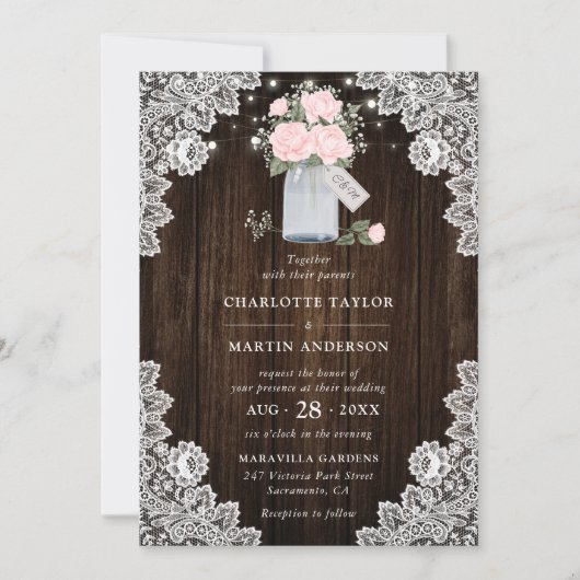 Rustiek Houten Kant Blush Roos Baby's Breath Bruil Kaart (Voorkant)