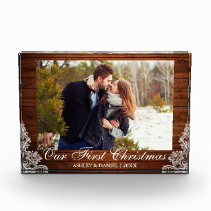Rustiek Houten Kant Ons Paar van Eerste Kerstmis Fotoblokken