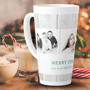 Rustiek houten kerst collage met 3 familiefoto's latte mok