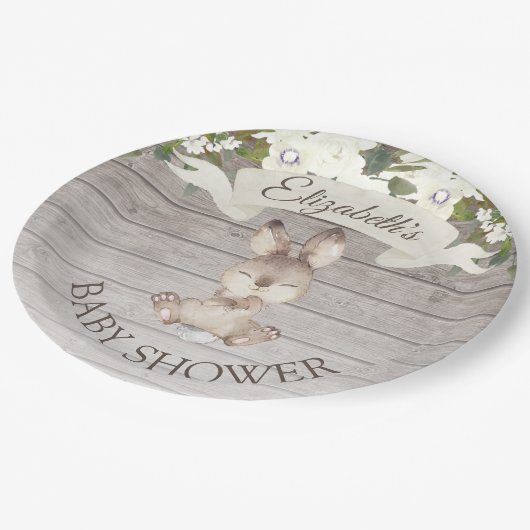 Rustiek Houten Konijnkonijn Aangepast Baby shower Papieren Bordje (Gekanteld)