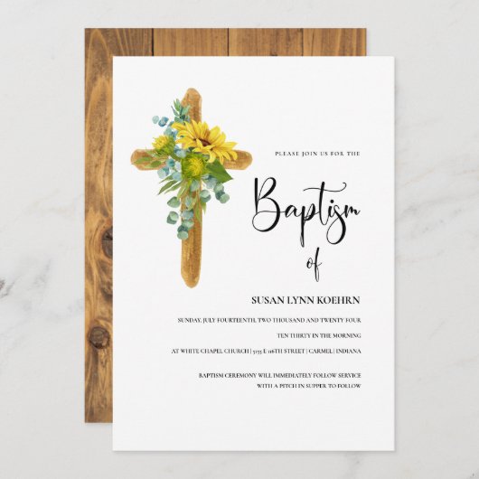 Rustiek houten kruis met zonnebloemen doop kaart (Voorkant / Achterkant)