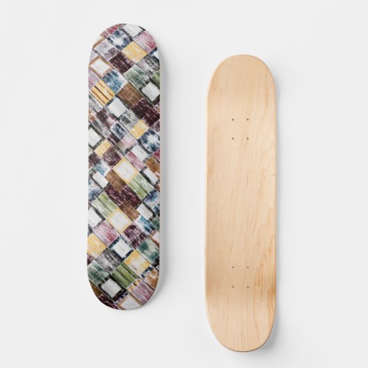 Rustiek houten modern kleurrijk blokpatroon persoonlijk skateboard (Voorkant)