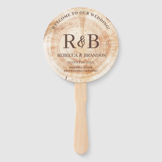 Rustiek Houten Monogram Namen Huwelijksceremonie Handwaaier (Voorkant)