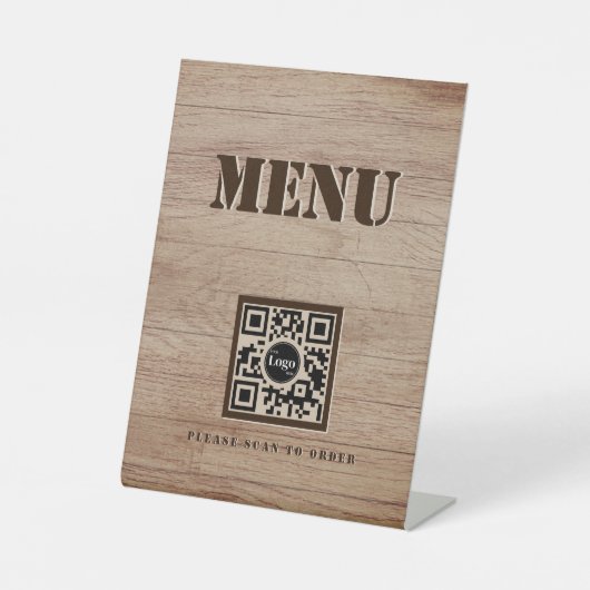 Rustiek Houten Patroon Menu QR Code Zwart Reclamebord Met Voetstuk (Voorkant)