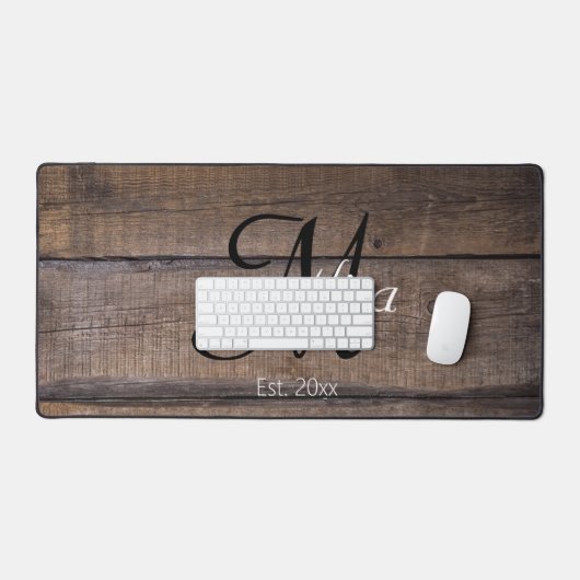 Rustiek Houten Patroon Monogram Script Naam Jaar Bureaumat (Keyboard & Muis)